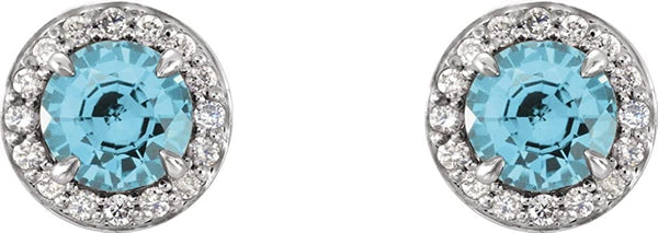 Blue-Zircon and Diamond Halo-Style Earrings, 14k White Gold (3.5MM) (.16 Ctw, G-H Color, I1 Clarity)