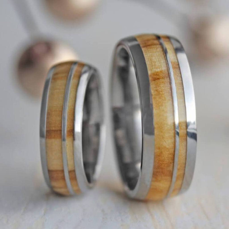 His and Hers Titanium Olive Wood Comfort-Fit Bands Sizes M12-F4.5