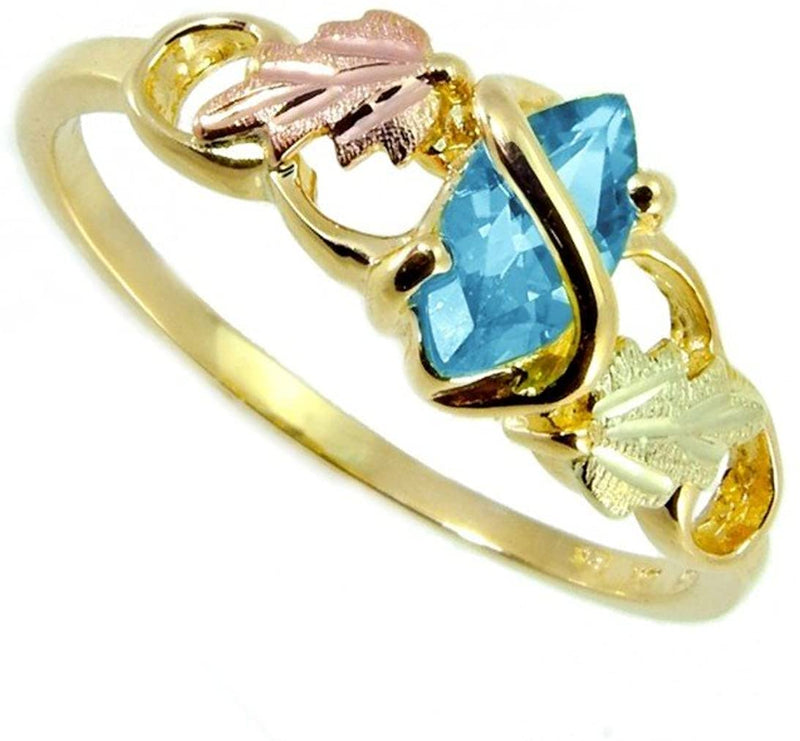 Ave 369 Blue Topaz Marquise Wrap Ring, 10k Yellow Gold, 12k Pink and Green Gold Black Hills Gold Motif
