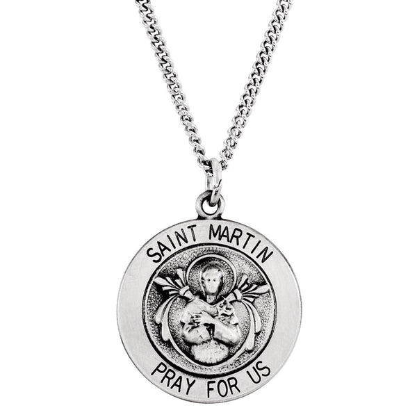 Rhodium Plated Sterling Silver Round St. Martin de Porres Medal Necklace, 18" (18.25MM)