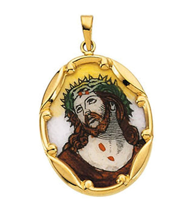 14k Yellow Gold Face of Jesus Hand-Painted Porcelain Medal (13x10 MM)