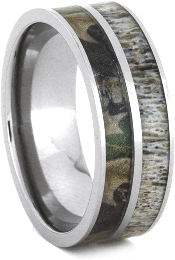 Deer Antler, Camo Print 8mm Comfort-Fit Titanium Ring, Size 14.5