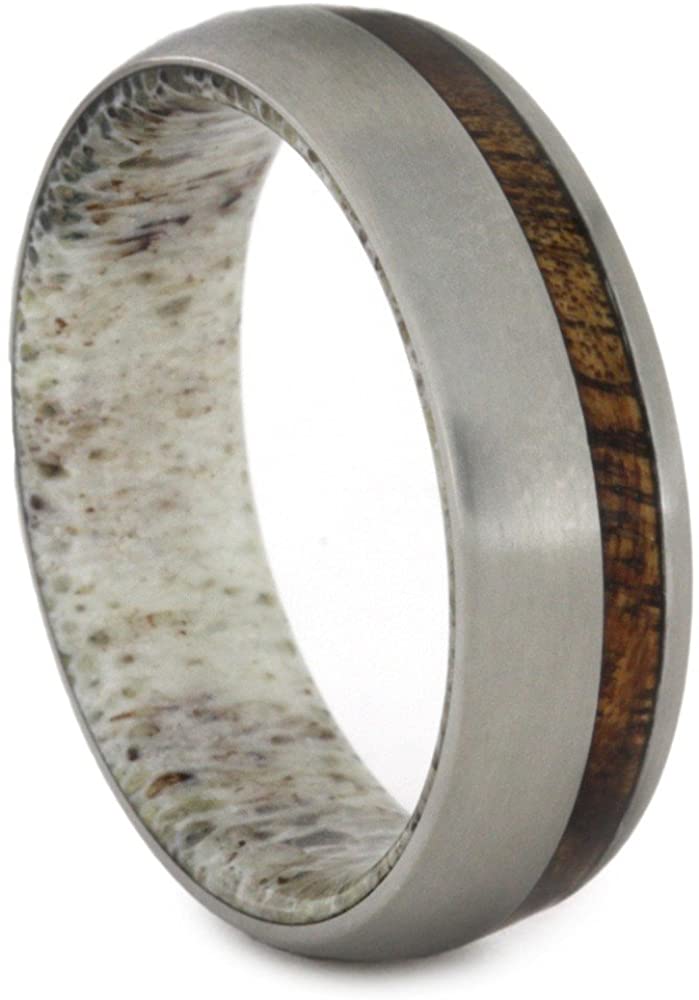 Antler Sleeve, Koa Wood Stripe 6mm Comfort-Fit Matte Titanium Wedding Band, Size 8.5