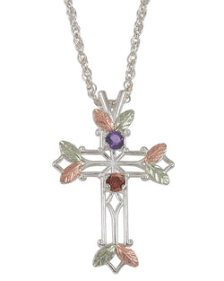 Amethyst and Garnet Pointed Cross Pendant Necklace, Sterling Silver, 12k Green and Rose Gold Black Hills Gold Motif, 18"
