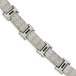 Men's Polished Stainless Steel Textured Black CZ Link Bracelet, 8.5"