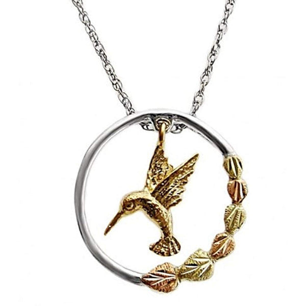 Hummingbird Pendant Necklace, Sterling Silver, 10k Yellow Gold, 12k Green and Rose Gold Black Hills Gold Motif, 18"