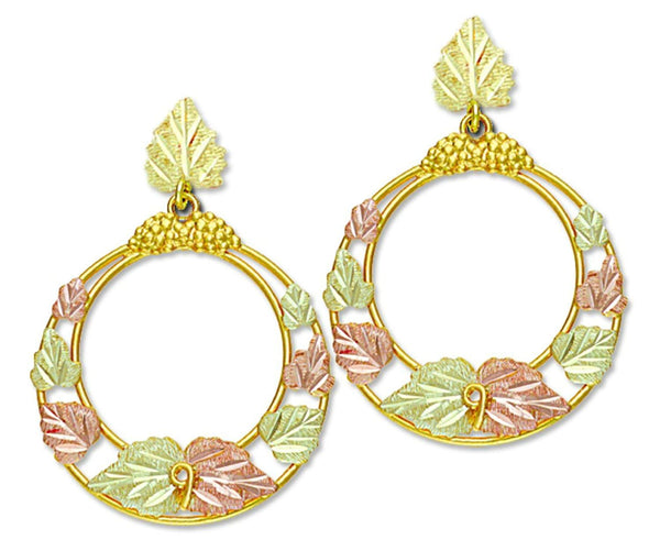 Graduated Grape Leaf Dangle Earrings, 10k Yellow Gold, 12k Green and Rose Gold Black Hills Gold Motif