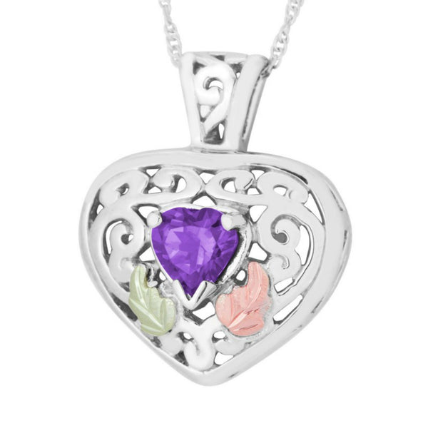 Amethyst Heart with Scrollwork Pendant Necklace, Sterling Silver, 12k Green and Rose Gold Black Hills Gold Motif, 18"
