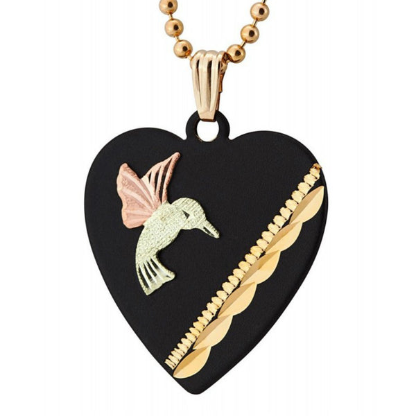 Humming Bird Black Enamel Heart Pendant Necklace, 10k Yellow Gold, 12k Green and Rose Gold Black Hills Gold Motif, 18"