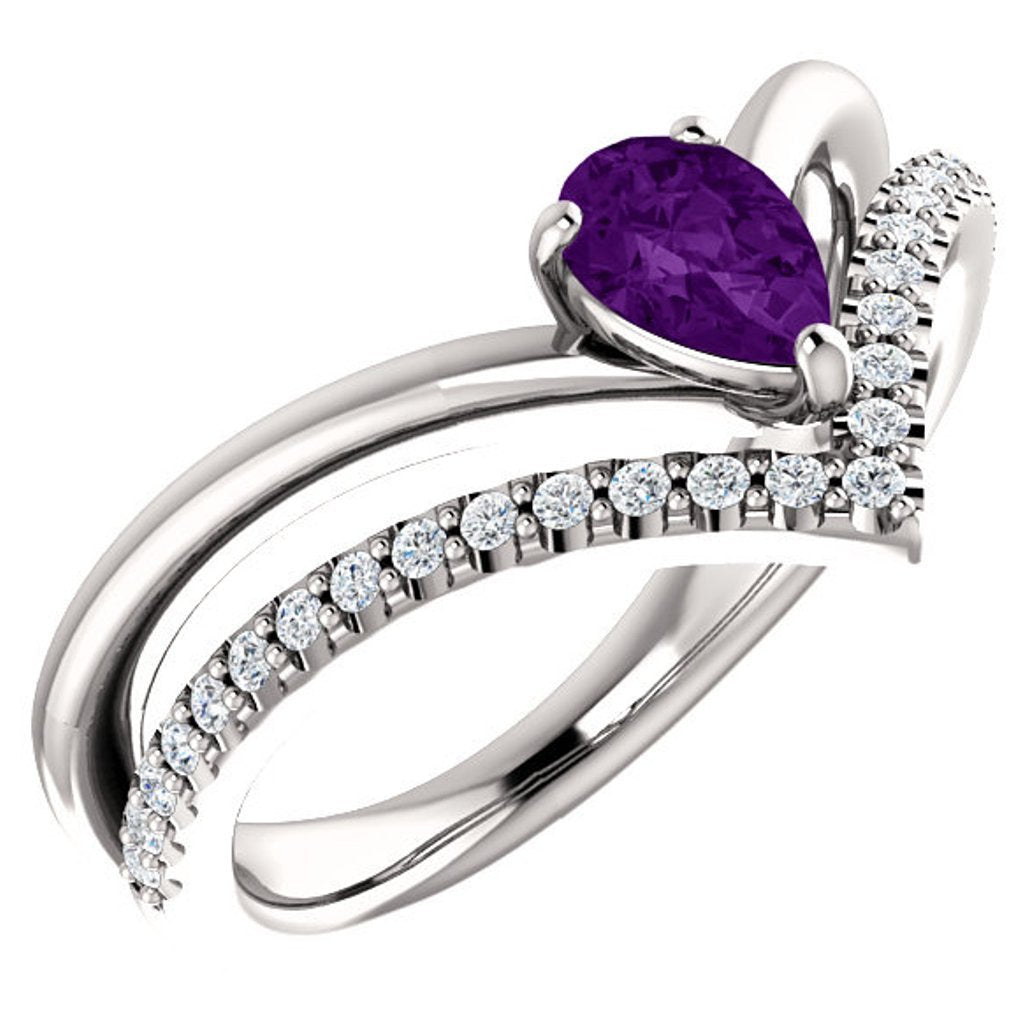 Amethyst Pear and Diamond Chevron Platinum Ring ( .145 Ctw, G-H Color, SI2-SI3 Clarity)