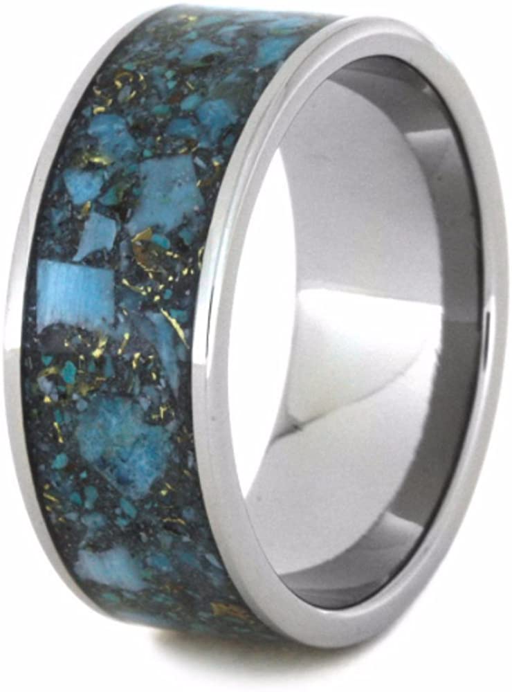 Crushed Turquoise and 14k Yellow Gold Inlay 10mm Comfort-Fit Titanium Wedding Band, Size 5