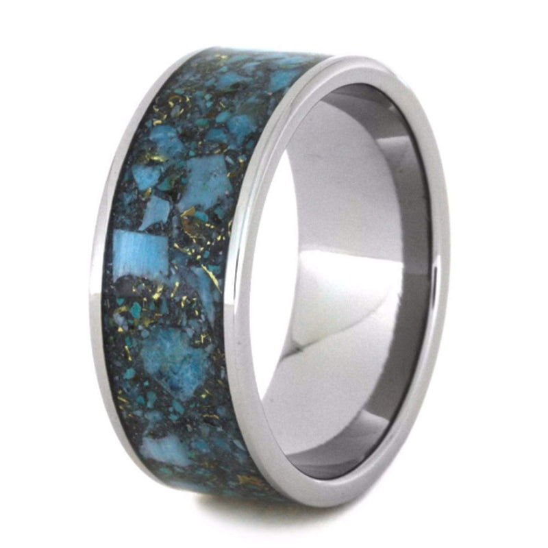 Crushed Turquoise and 14k Yellow Gold Inlay 10mm Comfort-Fit Titanium Wedding Band