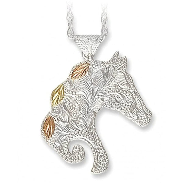 Filigree Horse head Pendant Necklace, Sterling Silver, 12k Green and Rose Gold Black Hills Gold Motif, 18''