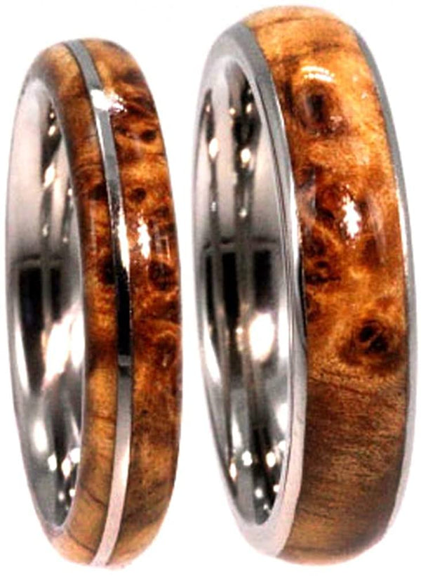 Black Ash Burl, Titanium Pinstripe Ring, His and Hers Wedding Band Set, M8-F4.5