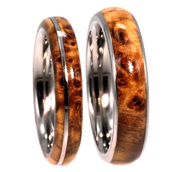 Black Ash Burl, Titanium Pinstripe Ring, His and Hers Wedding Band Set