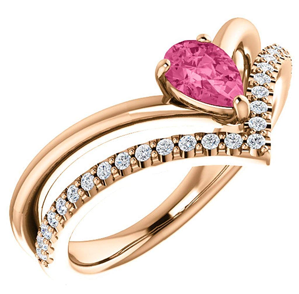 Pink Tourmaline Pear and Diamond Chevron 14k Rose Gold Ring (.145 Ctw,G-H Color, I1 Clarity)