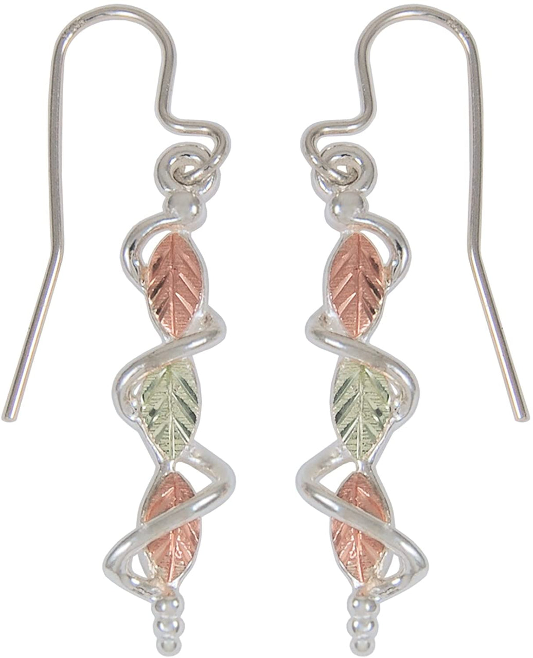 Sterling Silver Leaf Dangle Earrings, 12k Green and Rose Gold Black Hills Gold Motif