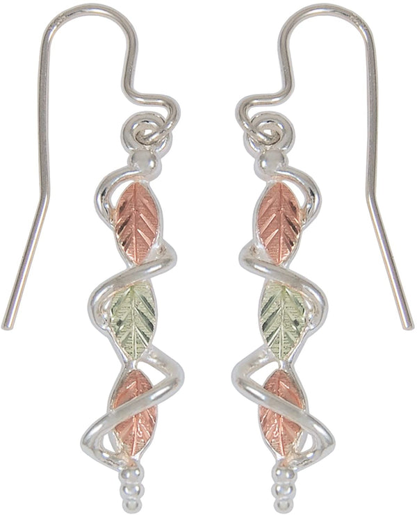 Sterling Silver Leaf Dangle Earrings, 12k Green and Rose Gold Black Hills Gold Motif