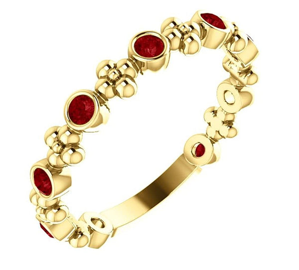 Created Ruby Beaded Ring, 14k Yellow Gold