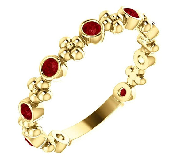 Genuine Ruby Beaded Ring, 14k Yellow Gold