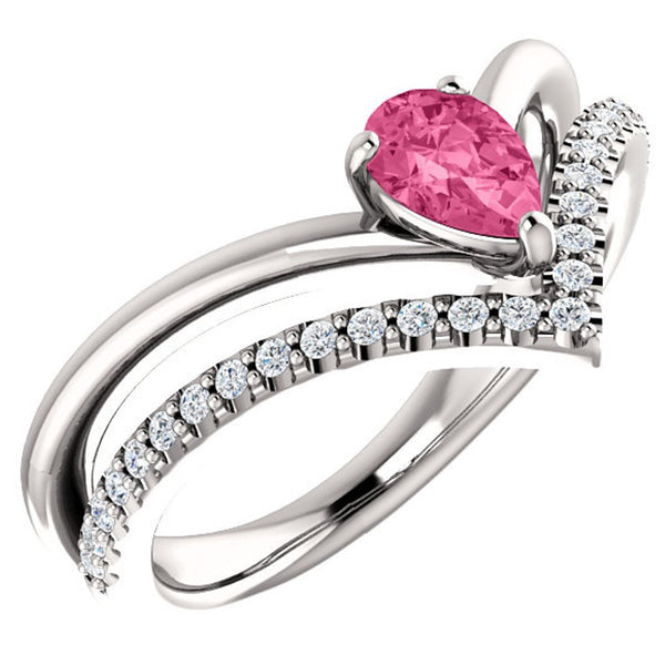 Pink Tourmaline Pear and Diamond Chevron Platinum Ring ( .145 Ctw, G-H Color, SI2-SI3 Clarity)