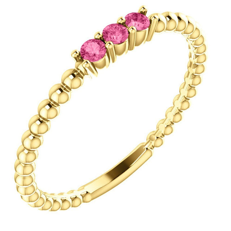 Pink Tourmaline Beaded Ring, 14k Yellow Gold, Size 7.5