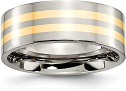 Titanium, Two Stripes 14k Yellow Gold Inlay 8mm Flat Band, Size 7.5