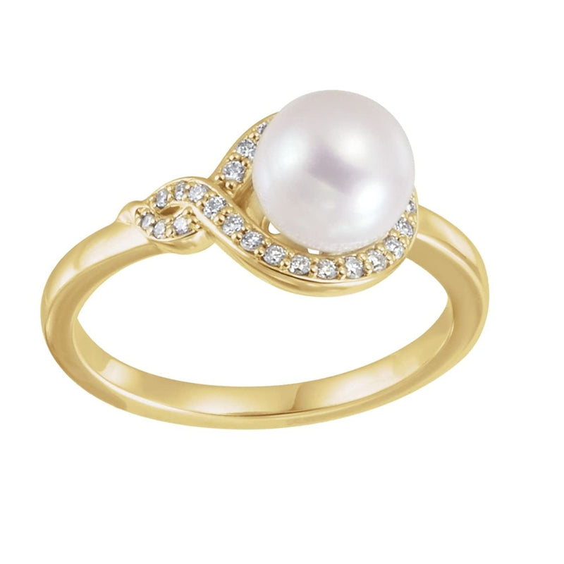 White Freshwater Cultured Pearl, Diamond Bypass Ring, 14k Yellow Gold (7-7.5mm)(.125Ctw, GH Color, I1 Clarity)