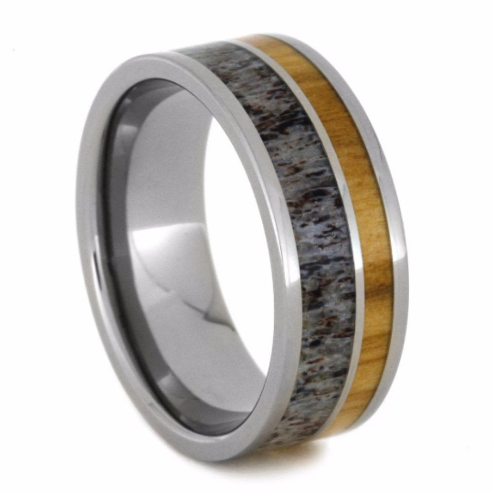 Deer Antler, Bethlehem Olive Wood 8mm Comfort-Fit Titanium Wedding Band