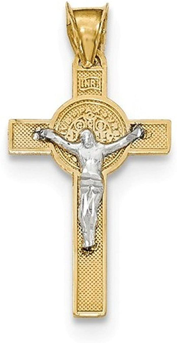 Rhodium-Plated 14k Yellow and White Gold Two-tone St. Benedict Medal Crucifix Cross Pendant(24.89X18.03MM)