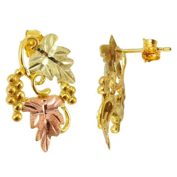 Diamond-Cut Grape Leaf and Grape Cluster Drop Earrings, 10k Yellow Gold, 12k Green and Rose Gold Black Hills Gold Motif