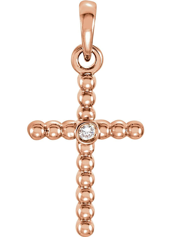 Diamond Beaded Cross 14k Rose Gold Pendant (.015 Ct, G-H Color, I1 Clarity)