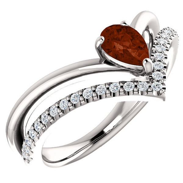 Mozambique Garnet Pear and Diamond Chevron Sterling Silver Ring (.145 Ctw,G-H Color, I1 Clarity)