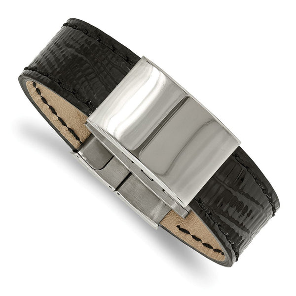 Men's Polished Stainless Steel Black Leather ID Bracelet, 8.5"