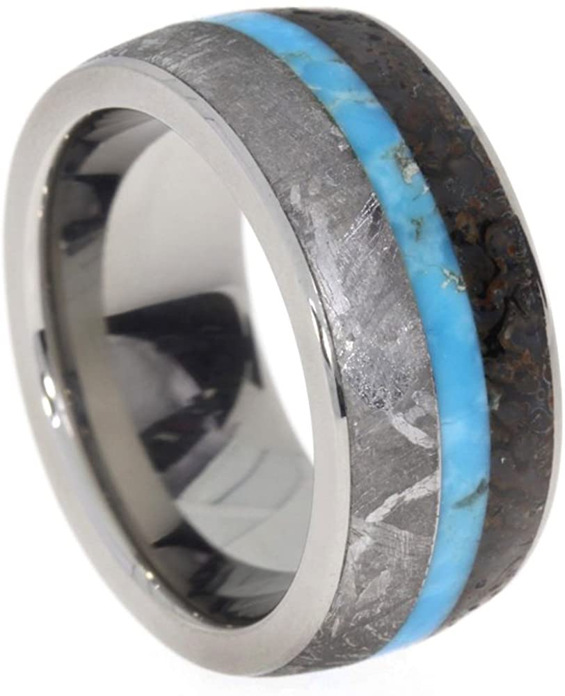 Turquoise, Dinosaur Bone, Gibeon Meteorite 9mm Comfort Fit Titanium Band, Size 6.25