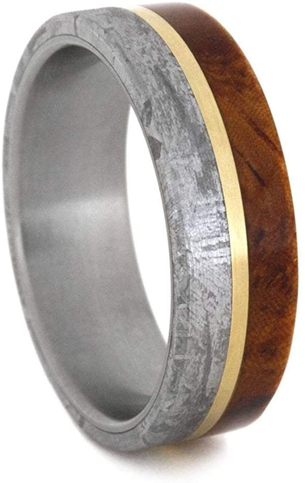 Amboyna Burl Wood, Gibeon Meteorite, 14k Yellow Gold 7mm Comfort-Fit Matte Titanium Wedding Band, Size 11.25