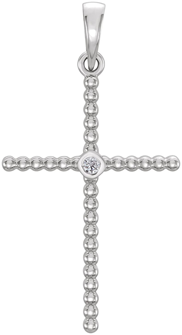 Diamond Beaded Cross Rhodium-Plated 14k White Gold Pendant (.03 Ct, G-H Color, I1 Clarity)