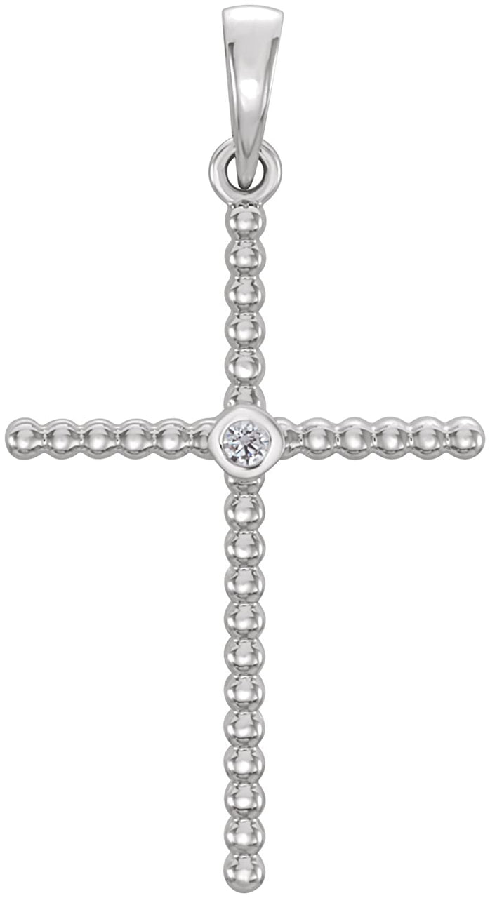 Diamond Beaded Cross Rhodium-Plated 14k White Gold Pendant (.03 Ct, G-H Color, I1 Clarity)