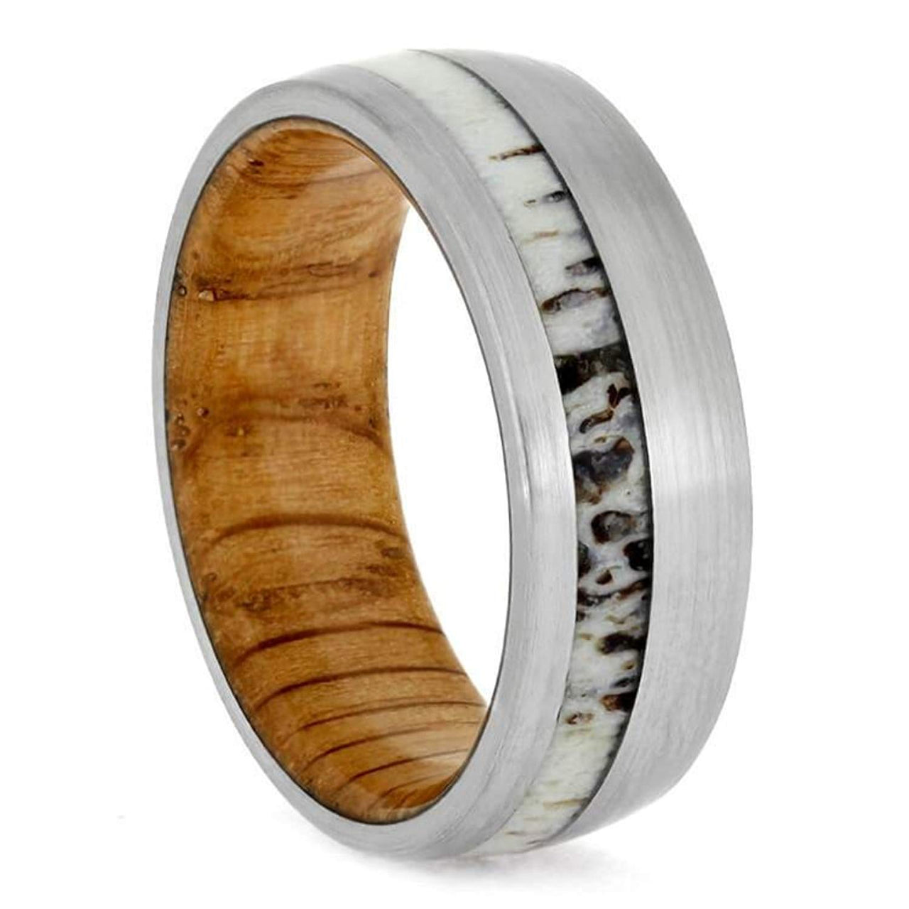 Deer Antler, Brushed Titanium 8mm Comfort-Fit Oak Wood Sleeve Wedding Ring