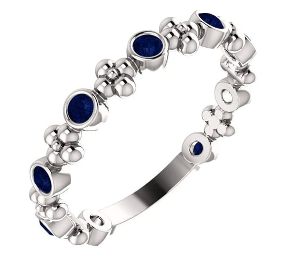 Genuine Blue Sapphire Beaded Ring, Rhodium-Plated Sterling Silver