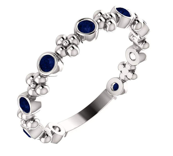 Platinum Chatham Created Blue Sapphire Beaded Ring