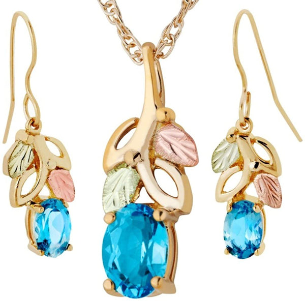 Blue Topaz Earrings and Pendant Necklace Set, 10k Yellow Gold, 12k Green and Rose Gold Black Hills Gold Motif, 18"