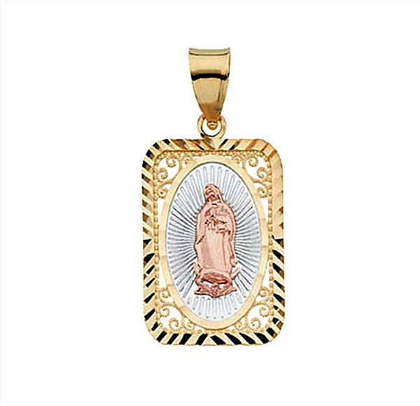 Rhodium-Plated 14k Yellow and Rose Gold Tri-Color Lady of Guadalupe Rectangle Pendant (21.5x15MM)