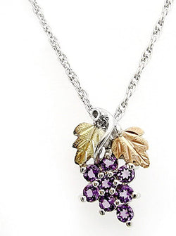 Created Amethyst Grape Cluster Pendant Necklace, Sterling Silver, 12k Green and Rose Gold Black Hills Gold Motif, 18"