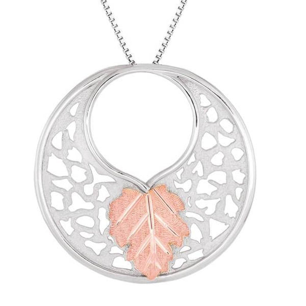 Circle with Designer Leaf Pendant Necklace, Sterling Silver, 12k Rose Gold Black Hills Gold Motif, 18"