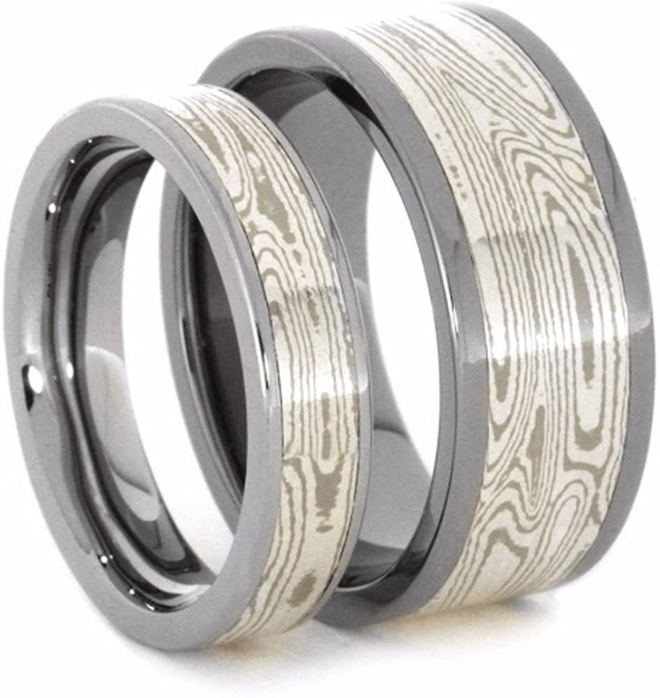 His and Hers Wedding Set, Palladium, White Gold, Mokume Gane Titanium Wedding Bands, M11.5-F5