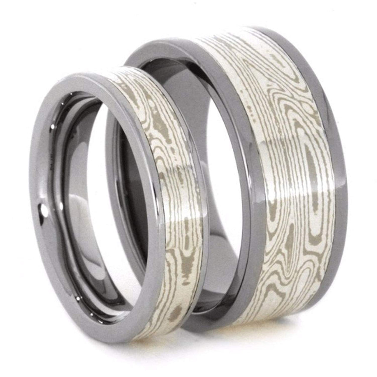 His and Hers Wedding Set, Palladium, White Gold, Mokume Gane Titanium Wedding Bands