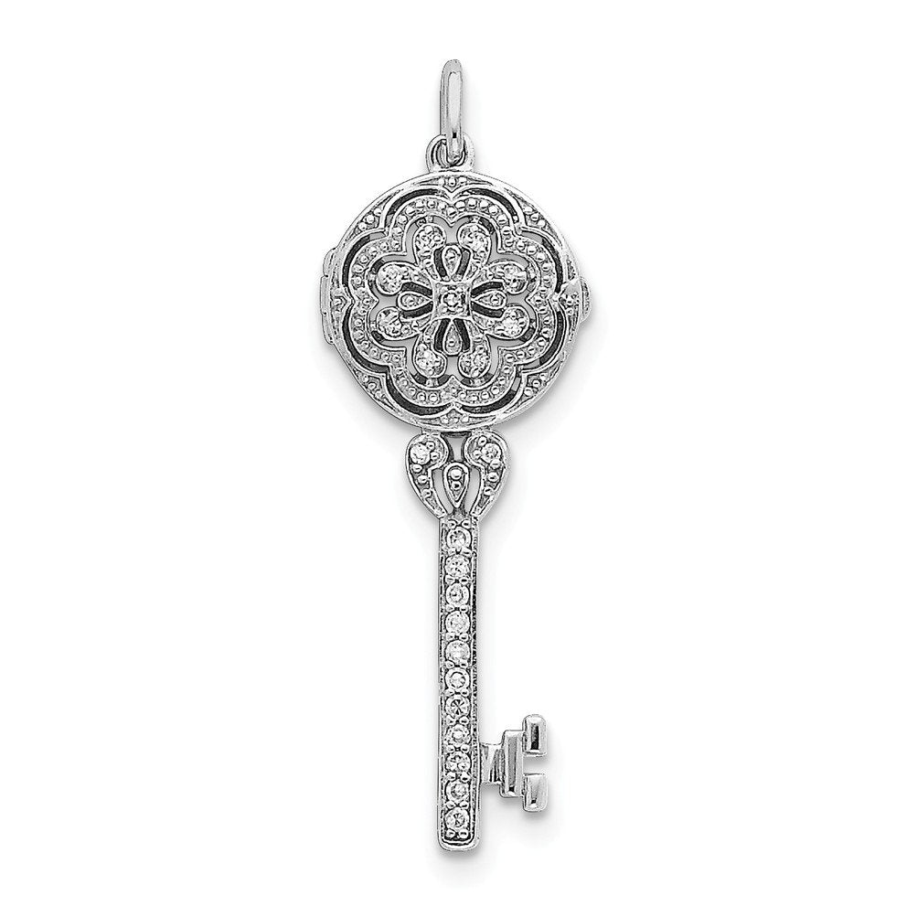 Rhodium Plated Sterling Silver Key CZ Heart Locket