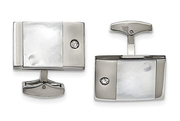Stainless Steel Polished Mother Of Pearl Cubic Zirconia Round Cuff Links