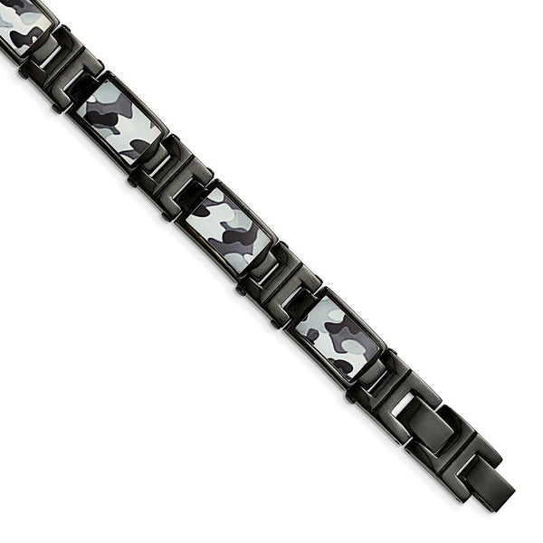 Men's Polished Stainless Steel Black IP-Plated Camouflage Bracelet 8.5"